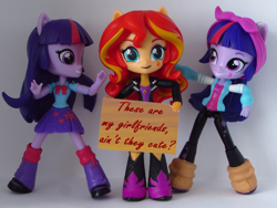 Size: 1200x900 | Tagged: safe, artist:whatthehell!?, edit, editor:alexlayer, sci-twi, sunset shimmer, twilight sparkle, equestria girls, doll, eqg minis sunset's sign, equestria girls minis, female, irl, lesbian, photo, scitwishimmer, self paradox, shipping, sunset twiangle, sunsetsparkle, toy, twolight