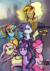 Size: 762x1083 | Tagged: safe, artist:backstabber128, derpibooru import, applejack, fluttershy, pinkie pie, rainbow dash, rarity, sunset shimmer, twilight sparkle, earth pony, pegasus, pony, unicorn, fedora, hat, mane six