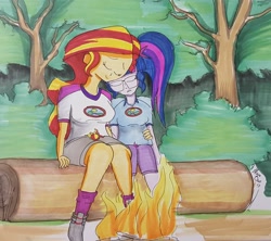 Size: 3040x2703 | Tagged: safe, artist:missmayaleanne, sci-twi, sunset shimmer, twilight sparkle, equestria girls, legend of everfree, bonfire, camp everfree, camp everfree outfits, campfire, camping, clothes, cuddling, cute, eyes closed, female, fire, forest, glasses, hug, lesbian, log, nature, outdoors, resting, scitwishimmer, shipping, shirt, shoes, shorts, sitting, smiling, sunsetsparkle, traditional art, tree, wood