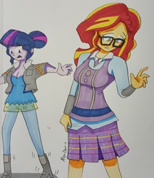 Size: 1280x1483 | Tagged: safe, artist:missmayaleanne, sci-twi, sunset shimmer, twilight sparkle, equestria girls, friendship games, breasts, cleavage, clothes, clothes swap, crystal prep academy, crystal prep academy uniform, crystal prep shadowbolts, female, glasses, hair bun, headlight sparkle, jacket, lesbian, open mouth, pants, pleated skirt, school uniform, scitwishimmer, shipping, simple background, skirt, sunsetsparkle, surprised, traditional art
