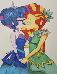 Size: 1280x1658 | Tagged: safe, artist:missmayaleanne, sci-twi, sunset shimmer, twilight sparkle, equestria girls, legend of everfree, alternate hairstyle, blushing, breasts, clothes, crystal gala, dress, eyes closed, female, glasses, holding hands, kissing, lesbian, scitwishimmer, shipping, simple background, sunsetsparkle, traditional art