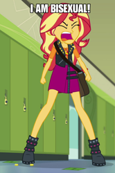 Size: 720x1083 | Tagged: safe, edit, edited screencap, screencap, sunset shimmer, better together, equestria girls, forgotten friendship, bisexual, clothes, female, geode of empathy, hilarious in hindsight, jacket, legs, magical geodes, meme, money, skirt
