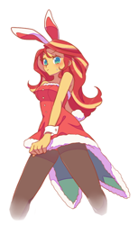 Size: 476x780 | Tagged: safe, artist:kkmrarar, edit, editor:jamalleymall, sunset shimmer, equestria girls, blushing, bunny ears, clothes, cropped, female, looking at you, shorts, simple background, solo, sweat, white background