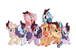 Size: 2400x1600 | Tagged: safe, artist:andromedasparkz, derpibooru import, applejack, fluttershy, pinkie pie, rainbow dash, rarity, starlight glimmer, sunset shimmer, twilight sparkle, kirin, applekirin, cloven hooves, colored hooves, female, group photo, kirin fluttershy, kirin pinkie, kirin rainbow dash, kirin rarity, kirin starlight, kirin sunset, kirin twilight, kirin-ified, mane eight, mane six, simple background, species swap, transparent background