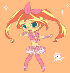 Size: 1200x1266 | Tagged: safe, artist:kkmrarar, sunset shimmer, cat, human, equestria girls, alternate hairstyle, ami koshimizu, belly button, blushing, chibi, clothes, cure melody, female, houjou hibiki, humanized, hummy, japanese, looking at you, magical sunset-chan, midriff, open mouth, orange background, precure, shoes, simple background, skirt, socks, solo, suite precure, thigh highs, voice actor joke