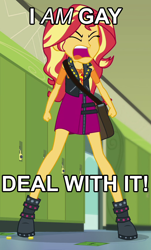 Size: 518x857 | Tagged: safe, edit, edited screencap, screencap, sunset shimmer, better together, equestria girls, forgotten friendship, clothes, female, geode of empathy, headcanon, jacket, legs, lesbian, magical geodes, meme, money, mouthpiece, skirt