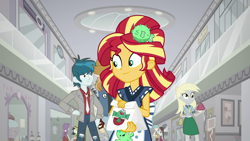 Size: 1920x1080 | Tagged: safe, screencap, bright idea, derpy hooves, starlight, sunset shimmer, thunderbass, valhallen, eqg summertime shorts, equestria girls, good vibes, background human, canterlot mall, female, male, mall, sunset sushi, waitress