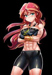 Size: 600x867 | Tagged: safe, artist:tzc, sunset shimmer, human, equestria girls, abs, anime, badass, big breasts, black background, blushing, breasts, cleavage, clothes, commission, compression shorts, cutie mark on clothes, female, fingerless gloves, gloves, green eyes, gunset shimmer, humanized, mma, muscles, muscular female, serious, serious face, sexy, shorts, simple background, solo, sunset jiggler, sunset lifter, thighs, war in the comments