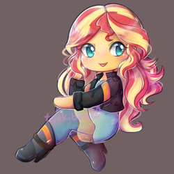 Size: 800x800 | Tagged: safe, artist:tsukibun, sunset shimmer, equestria girls, chibi, clothes, cute, jacket, leather jacket, open mouth, pants, shimmerbetes, solo, sticker design