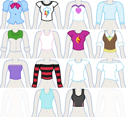 Size: 1136x1052 | Tagged: safe, artist:liggliluff, applejack, babs seed, cheerilee, fluttershy, pinkie pie, rainbow dash, rarity, sunflower (character), sunset shimmer, trixie, twilight sparkle, oc, oc:princess paradise, equestria girls, assets, belly button, clothes, dress up, dressup game, humane five, humane seven, humane six, midriff, shirt, short shirt, sports bra, sweater vest, tanktop, vector, vest