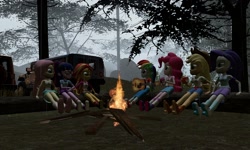 Size: 1280x768 | Tagged: safe, artist:n3onh100, applejack, fluttershy, pinkie pie, rainbow dash, rarity, sci-twi, sunset shimmer, twilight sparkle, equestria girls, legend of everfree, 3d, campfire, clothes, forest, gmod, guitar, humane seven, rain