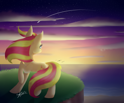 Size: 3000x2500 | Tagged: safe, artist:justart101, sunset shimmer, equestria girls, beach, shooting star, sky, solo, sunset, windswept mane