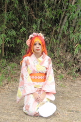 Size: 3456x5184 | Tagged: safe, artist:misachico, sunset shimmer, human, absurd resolution, clothes, cosplay, costume, floral head wreath, flower, irl, irl human, kimono (clothing), kneeling, photo, solo