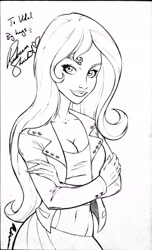 Size: 1531x2521 | Tagged: safe, artist:nicole gauss, sunset shimmer, equestria girls, autograph, belly button, breasts, cleavage, female, midriff, monochrome, rebecca shoichet, sketch, solo