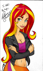 Size: 1531x2521 | Tagged: safe, artist:caakes, artist:nicole gauss, sunset shimmer, equestria girls, autograph, belly, belly button, breasts, cleavage, clothes, colored, female, jacket, leather jacket, looking at you, midriff, rebecca shoichet, sketch