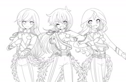 Size: 2023x1317 | Tagged: safe, artist:lotte, applejack, rainbow dash, sunset shimmer, equestria girls, crossdressing, idolmaster, looking at you, monochrome, sidem, sketch, the idolm@ster: sidem, wip