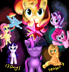 Size: 1280x1350 | Tagged: safe, artist:katakiuchi4u, derpibooru import, part of a set, applejack, fluttershy, pinkie pie, rainbow dash, rarity, starlight glimmer, sunset shimmer, twilight sparkle, alicorn, earth pony, pegasus, pony, unicorn, season 7, countdown, countdown to season 7, hype, mane six