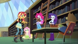 Size: 1100x618 | Tagged: safe, applejack, fluttershy, pinkie pie, rainbow dash, rarity, sunset shimmer, equestria girls, friendship games, backpack, bedroom eyes, book, boots, bracelet, chair, clothes, cowboy boots, cowboy hat, denim skirt, hands behind back, hat, high heel boots, humane five, jacket, jewelry, ladder, leather jacket, library, mane five, rear view, skirt, stetson, table