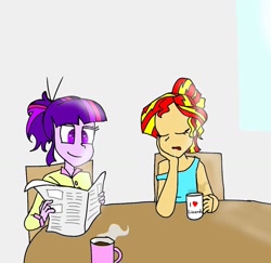 Size: 1027x1000 | Tagged: safe, artist:joining_the_black_parade_, sunset shimmer, twilight sparkle, twilight sparkle (alicorn), alicorn, equestria girls, alternate hairstyle, clothes, coffee, cup, cute, eyes closed, female, heart, implied ray, lesbian, messy hair, newspaper, pajamas, shimmerbetes, shipping, sunsetsparkle, table