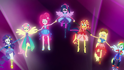 Size: 1920x1080 | Tagged: safe, screencap, applejack, fluttershy, pinkie pie, rainbow dash, rarity, sci-twi, sunset shimmer, twilight sparkle, better together, equestria girls, forgotten friendship, clothes, humane five, humane seven, humane six, outfit, ponied up, scitwilicorn