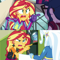 Size: 1920x1920 | Tagged: safe, screencap, sci-twi, sunset shimmer, trixie, twilight sparkle, better together, equestria girls, forgotten friendship, friendship games, ambidexterity, angry, comparison, pointing, shrunken pupils, yelling