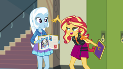 Size: 1920x1080 | Tagged: safe, screencap, sunset shimmer, trixie, better together, equestria girls, forgotten friendship, book, geode of empathy, magical geodes