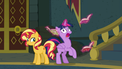 Size: 1920x1080 | Tagged: safe, screencap, sunset shimmer, twilight sparkle, twilight sparkle (alicorn), alicorn, pony, unicorn, better together, equestria girls, forgotten friendship, book, bookgasm, derp, derplight sparkle, duo, faic, female, gasp, magic, mare, nerdgasm, open mouth, rearing, smiling, smirk, telekinesis, that pony sure does love books, twiface