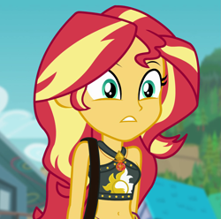 Size: 1015x1007 | Tagged: safe, screencap, sunset shimmer, better together, equestria girls, forgotten friendship, belly button, clothes, cropped, geode of empathy, magical geodes, midriff, solo, swimsuit