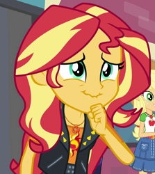 Size: 941x1056 | Tagged: safe, screencap, applejack, sunset shimmer, better together, equestria girls, forgotten friendship, cropped, cute, geode of empathy, geode of super strength, lip bite, magical geodes, scrunchy face, shimmerbetes