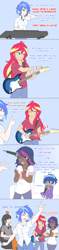 Size: 1280x5395 | Tagged: safe, artist:jonfawkes, dj pon-3, octavia melody, sci-twi, sunset shimmer, twilight sparkle, vinyl scratch, oc, oc:sparkling sapphire, human, series:sciset diary, ask human octavia, clothes, comic, guitar, humanized, magical lesbian spawn, microphone, offspring, parent:sci-twi, parent:sunset shimmer, parents:scitwishimmer, sofa
