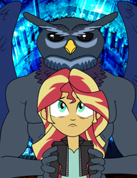 Size: 2550x3300 | Tagged: safe, artist:feroxultrus, sunset shimmer, demon, owl, equestria girls, abs, andras, black sclera, clothes, commander, duo, fanfic, fanfic art, fear, feather, female, frown, goetia, hell, humanoid, jacket, looking up, male, possession, scruffy, spread wings, wings, worry