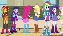 Size: 1920x1080 | Tagged: safe, applejack, fluttershy, pinkie pie, rainbow dash, rarity, sunset shimmer, twilight sparkle, equestria girls, rainbow rocks, backpack, boots, bowtie, bracelet, clothes, cookie, cowboy boots, cup, hand on hip, high heel boots, humane five, humane seven, humane six, humans doing horse things, jacket, jewelry, leather jacket, mane six, plate, punch (drink), punch bowl, rear view, skirt, socks, table, wristband