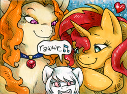 Size: 700x521 | Tagged: safe, artist:kaemantis, adagio dazzle, sunset shimmer, oc, oc:snowshine, pony, adopted offspring, chest fluff, cute, female, lesbian, open mouth, parent:adagio dazzle, parent:sunset shimmer, parents:sunsagio, shipping, signature, sunsagio