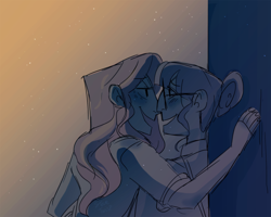 Size: 1280x1023 | Tagged: safe, artist:stevetwisp, sci-twi, sunset shimmer, twilight sparkle, human, blushing, female, humanized, imminent kissing, leaning, lesbian, looking at each other, night, scitwishimmer, shipping, sunsetsparkle