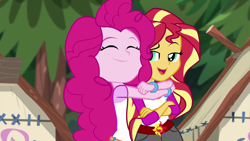 Size: 1280x720 | Tagged: safe, screencap, pinkie pie, sunset shimmer, equestria girls, legend of everfree, bracelet, camp everfree outfits, cute, diapinkes, eyes closed, hug, jewelry, sun