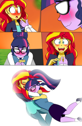 Size: 1500x2300 | Tagged: safe, artist:jase1505, part of a series, part of a set, sci-twi, sunset shimmer, twilight sparkle, series:sunlight horizons, equestria girls, blushing, clothes, crying, female, glasses, hug, jacket, lesbian, looking at each other, open mouth, ponytail, scitwishimmer, shipping, smiling, sunsetsparkle, surprised, tears of joy