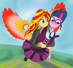 Size: 3000x2800 | Tagged: safe, artist:yinglongfujun, sci-twi, sunset shimmer, twilight sparkle, equestria girls, blushing, clothes, crystal prep academy uniform, crystal wings, cute, female, flying, glasses, holding, lesbian, school uniform, scitwishimmer, shipping, sunsetsparkle