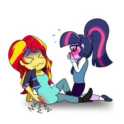 Size: 500x500 | Tagged: safe, artist:jase1505, sci-twi, sunset shimmer, twilight sparkle, series:sunlight horizons, equestria girls, blushing, clothes, female, glasses, injured, lesbian, necktie, pain, ponytail, scitwishimmer, shipping, simple background, sunsetsparkle