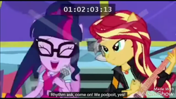 Size: 1366x768 | Tagged: safe, screencap, sci-twi, sunset shimmer, twilight sparkle, eqg summertime shorts, equestria girls, get the show on the road, bowtie, bus, cute, duo, electric guitar, eyes closed, flying v, glasses, guitar, leak, lidded eyes, microphone, ponied up, russian, scitwilicorn, sunset shredder, the rainbooms tour bus, twiabetes, youtube link