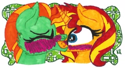 Size: 1689x921 | Tagged: safe, artist:krazykari, lightning dust, sunset shimmer, pony, female, kissing, lesbian, shipping, surprise kiss, traditional art