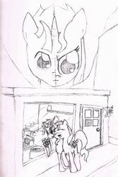 Size: 800x1200 | Tagged: safe, artist:violo, dusk shine, sunset shimmer, twilight sparkle, pony, duskshimmer, female, flower, half r63 shipping, male, monochrome, rule 63, shipping, straight, sunsetsparkle, traditional art