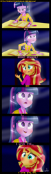 Size: 1024x3455 | Tagged: safe, artist:vixelzf, sunset shimmer, twilight sparkle, twilight sparkle (alicorn), equestria girls, rainbow rocks, ..., blushing, comic, dialogue, female, glowing eyes, lesbian, lyrics, scene interpretation, shipping, sunsetsparkle