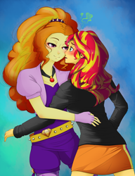 Size: 2176x2834 | Tagged: dead source, safe, artist:deadiifoozgo, adagio dazzle, sunset shimmer, equestria girls, rainbow rocks, blushing, clothes, duo, female, females only, gem, gradient background, lesbian, looking at each other, shipping, siren gem, skirt, sunsagio