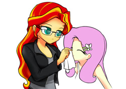 Size: 1080x769 | Tagged: safe, artist:twilite-sparkleplz, fluttershy, sunset shimmer, equestria girls, clothes, female, glasses, lesbian, nose blowing, shipping, sunshyne, tanktop, tissue