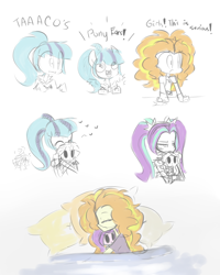 Size: 1280x1600 | Tagged: safe, artist:jankrys00, adagio dazzle, aria blaze, sonata dusk, sunset shimmer, equestria girls, adaria, female, lesbian, plushie, shipping, sleeping, sonataco, sunata