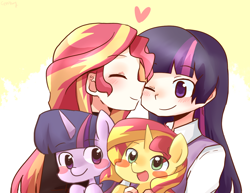 Size: 1100x850 | Tagged: safe, artist:gyaheung, sunset shimmer, twilight sparkle, twilight sparkle (alicorn), human, pony, blushing, cute, diabetes, eyes closed, female, holding a pony, human ponidox, humanized, lesbian, open mouth, shimmerbetes, shipping, sunsetsparkle, twiabetes