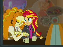 Size: 4356x3244 | Tagged: safe, artist:skycatcherequestria, adagio dazzle, sunset shimmer, equestria girls, rainbow rocks, bracelet, cafe, coffee, female, lesbian, memory, shipping, sunsagio