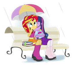 Size: 1050x950 | Tagged: safe, alternate version, artist:dm29, sunset shimmer, twilight sparkle, equestria girls, backpack, bench, book, boots, female, friendshipping, julian yeo is trying to murder us, lesbian, rain, rain boots, shipping, simple background, sunsetsparkle, transparent background, umbrella, younger