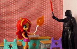 Size: 608x386 | Tagged: safe, artist:whatthehell!?, sunset shimmer, better together, equestria girls, animated, balloon, boots, chair, classroom, clothes, dark vader, darth vader, desk, doll, equestria girls minis, eqventures of the minis, fight, gif, globe, irl, laser sword, photo, school, shoes, skirt, star wars, stop motion, sword, the force, theme park, toy, weapon