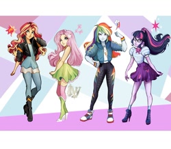 Size: 1080x941 | Tagged: safe, artist:princeivythefirst, fluttershy, rainbow dash, sci-twi, sunset shimmer, twilight sparkle, better together, equestria girls, boots, clothes, converse, geode of empathy, geode of fauna, geode of super speed, geode of telekinesis, glasses, high heel boots, high heels, jacket, leather jacket, legs, magical geodes, miniskirt, ponytail, shoes, skirt, sneakers, socks, thigh highs